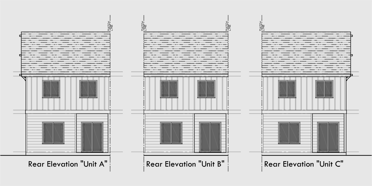 House side elevation view for S-743 Craftsman town house plan, 3 bedroom 2.5 bath, with garage, S-743