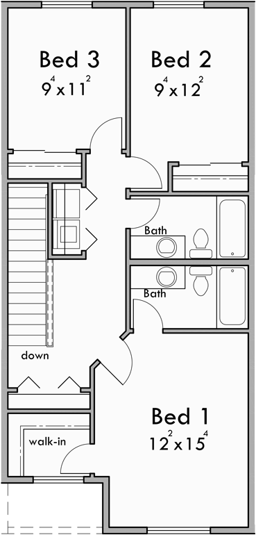 Upper Floor Plan for S-743 Craftsman Town House Plan: 3 Bedroom, 2.5 Bath, with Garage S-743