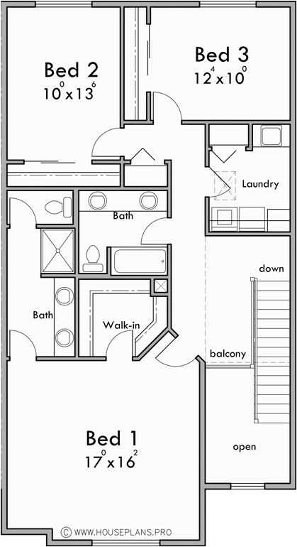 Upper Floor Plan for F-622 4 Unit, 2 Story Modern Town House Plan F-622