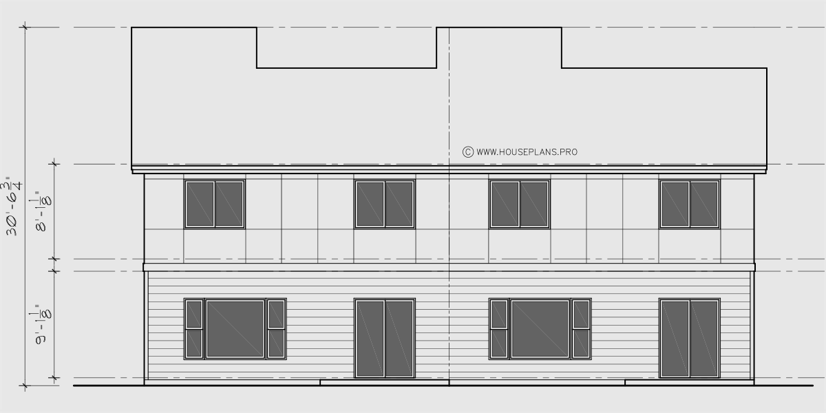 House front drawing elevation view for D-668 Two unit Modern town house plan D-668