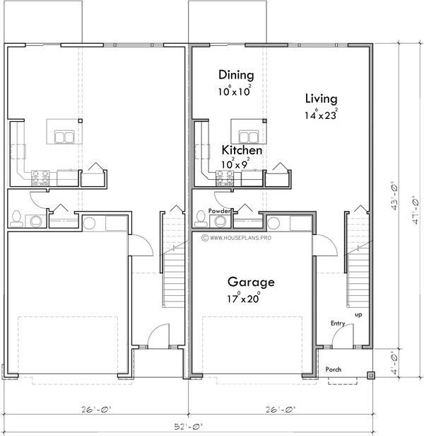 Main Floor Plan 2 for D-668 2 Unit Modern Town House Plan D-668