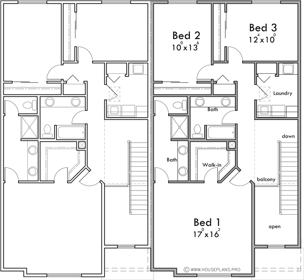 Upper Floor Plan 2 for 2 Unit Modern Town House Plan D-668