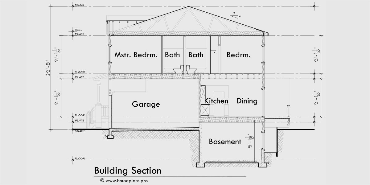 House rear elevation view for S-742 6 unit town house plan 3 bedroom, 2.5 bath with basement, and one car garage