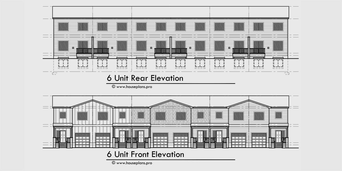 House front drawing elevation view for S-742 6 unit town house plan 3 bedroom, 2.5 bath with basement, and one car garage