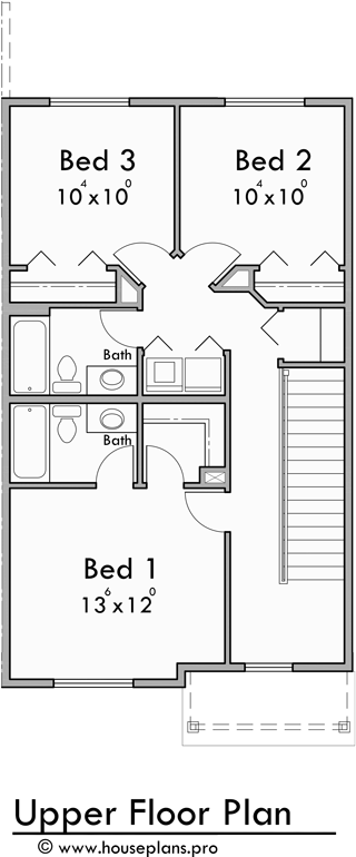 Upper Floor Plan for S-742 6 Unit Townhome Design: 3 Bedroom, 2.5 Bath with Basement and 1 Car Garage s-742