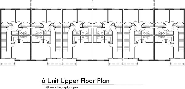 Upper Floor Plan 2 for 6 Unit Townhome Design: 3 Bedroom, 2.5 Bath with Basement and 1 Car Garage s-742