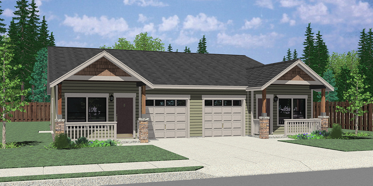 D-678 25ft Wide Duplex House Plan: 3 Bed, 2 Bath with Garage D-678