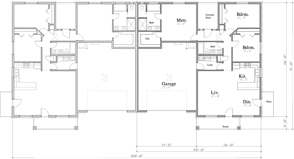 Main Floor Plan 2 for D-682 Ranch Style Duplex House Plan: 3 Bedroom, 2 Bath, with 2 Car Garage D-682