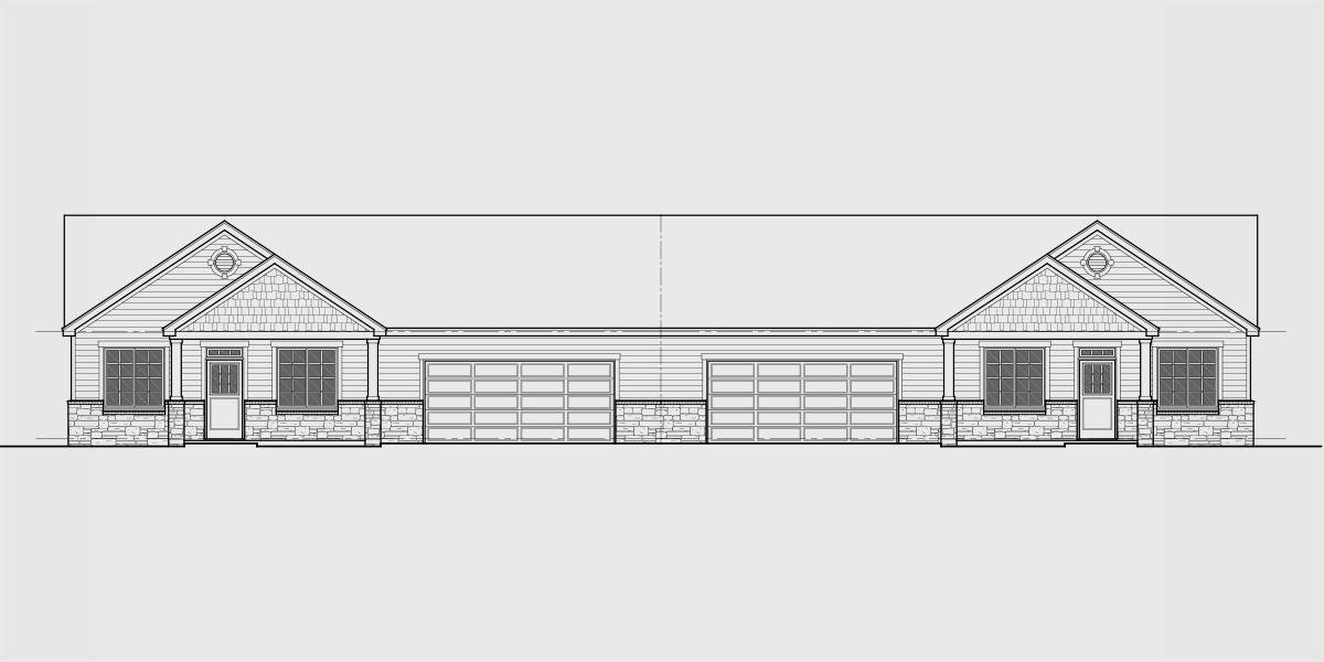 House front drawing elevation view for D-682 Ranch duplex house plan with 2 car garage 3 bedroom 2 bath D-682