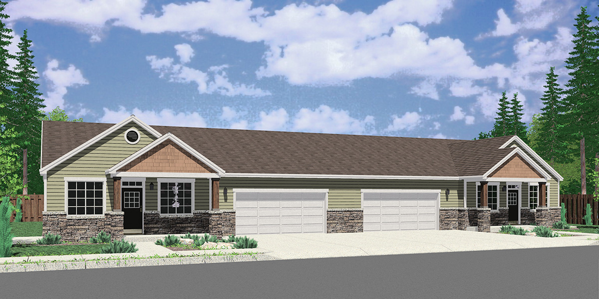 D-682 Ranch Style Duplex House Plan: 3 Bedroom, 2 Bath, with 2 Car Garage D-682