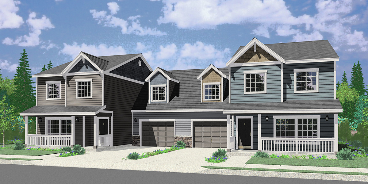 House front color elevation view for D-671 Craftsman duplex house plan 3 bedroom 2 1/2 bath and garage D-671