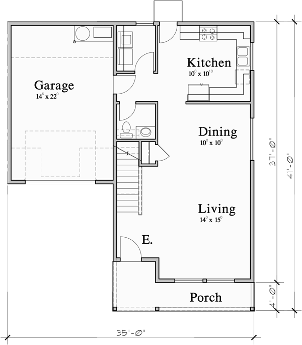 Main Floor Plan for D-671 Craftsman Duplex House Plan: 3 Bedroom, 2.5 Bath, and Single Car Garage D-671