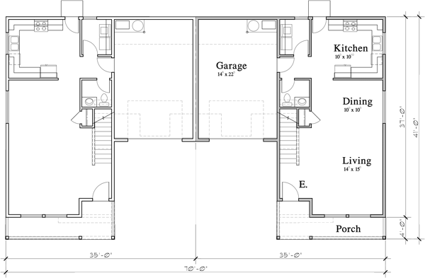 Main Floor Plan 2 for D-671 Craftsman Duplex House Plan: 3 Bedroom, 2.5 Bath, and Single Car Garage D-671