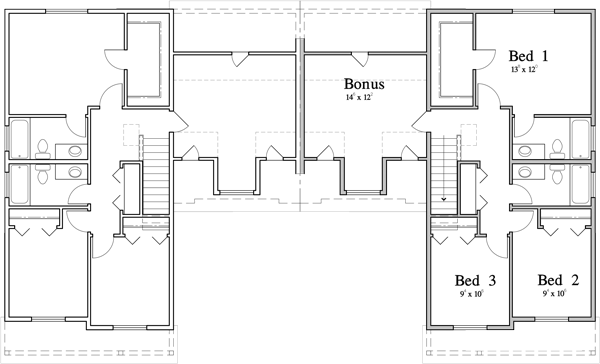 Upper Floor Plan 2 for Craftsman Duplex House Plan: 3 Bedroom, 2.5 Bath, and Single Car Garage D-671