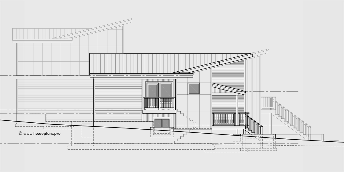 House rear elevation view for D-676 Modern Duplex house plan for great view lots