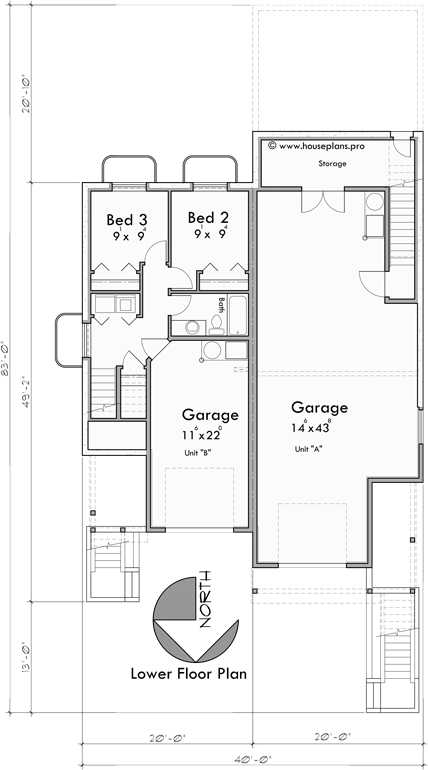 Lower Floor Plan for D-676 Modern Duplex house plan for great view lots