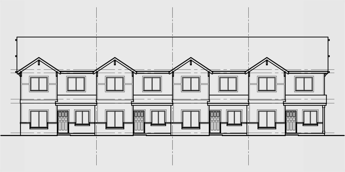 House rear elevation view for F-626 4 unit town house plan with rear garage and main floor bedroom F-626