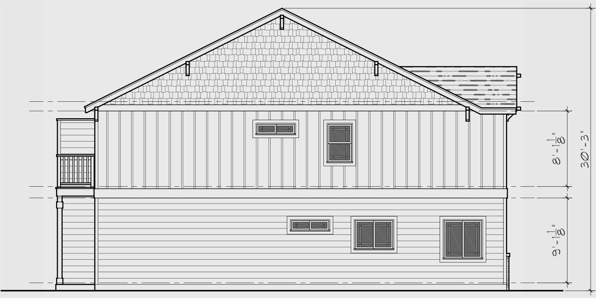 House rear elevation view for F-626 4 unit town house plan with rear garage and main floor bedroom F-626