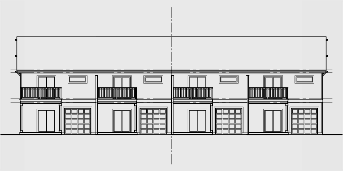 House rear elevation view for F-626 4 unit town house plan with rear garage and main floor bedroom F-626