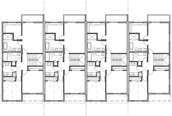 Upper Floor Plan 2 for 4 unit town house plan with rear garage and main floor bedroom F-626