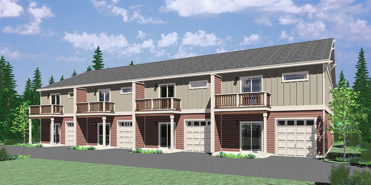 House front drawing elevation view for F-626 4 unit town house plan with rear garage and main floor bedroom F-626