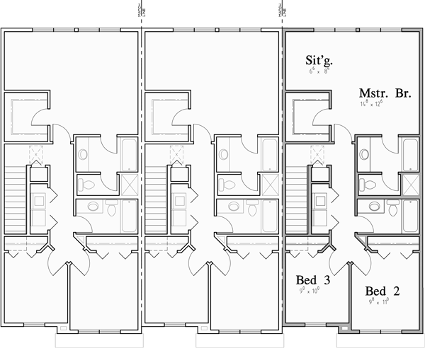 Upper Floor Plan for T-433 Triplex town house plan w/ 2 hour party wall