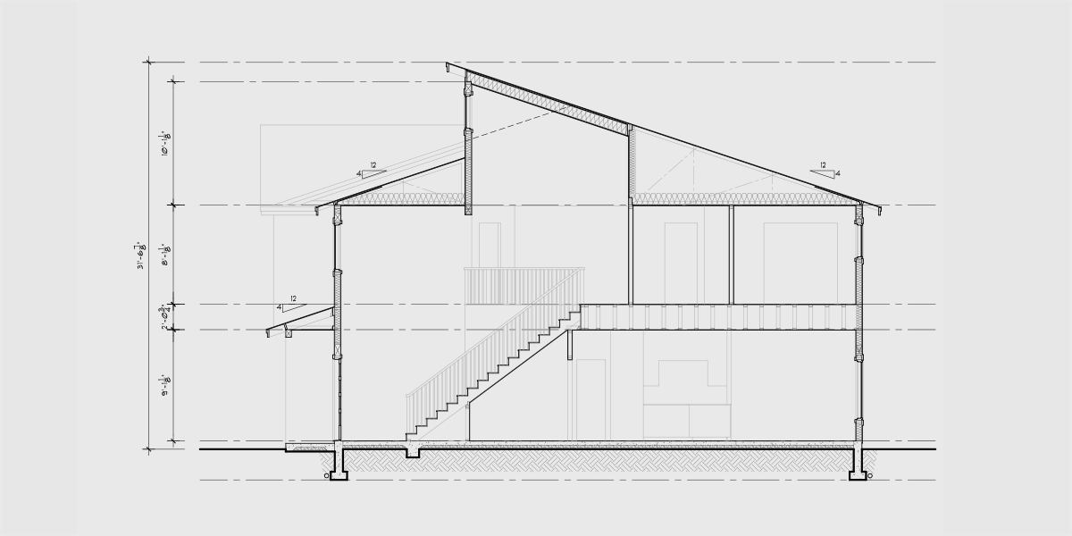 House rear elevation view for F-625 Modern four plex house with 2 car garage F-625