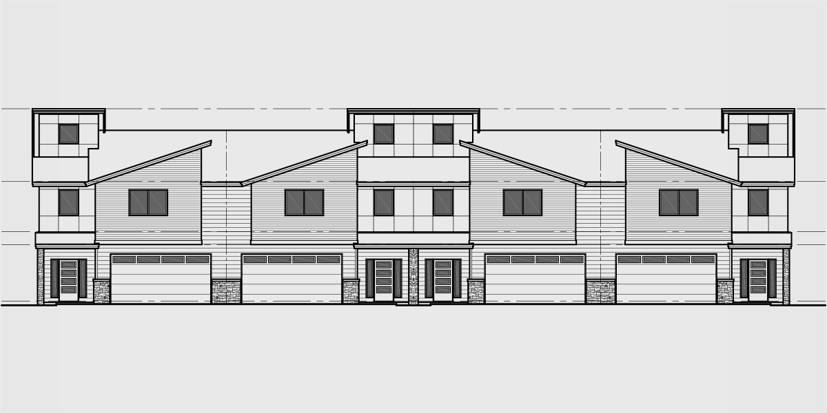 House front color elevation view for F-625 Modern four plex house with 2 car garage F-625