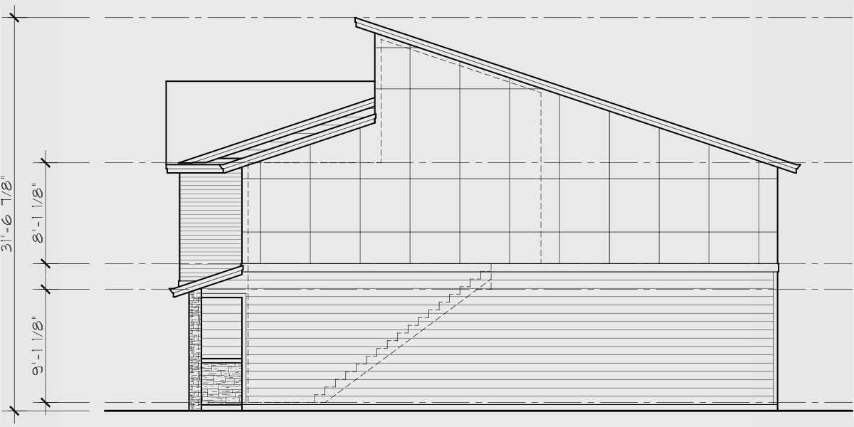 House rear elevation view for F-625 Modern four plex house with 2 car garage F-625