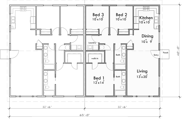 Main Floor Plan for D-686 Ranch 3 bedroom duplex house plan D-686
