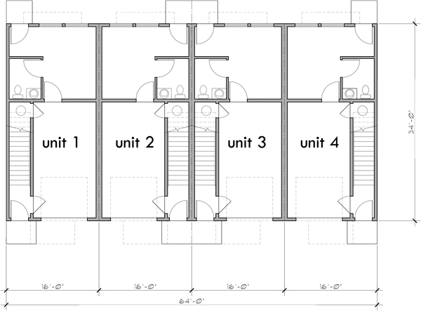 Lower Floor Plan 2 for Unlock space-saving potential with our 4-plex town house plans, designed for narrow 16 ft wide units. Start your next construction project with us and build smarter!