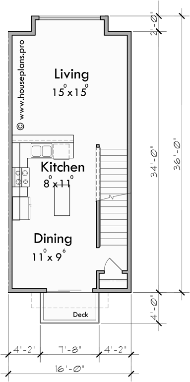 Main Floor Plan for F-628 Unlock space-saving potential with our 4-plex town house plans, designed for narrow 16 ft wide units. Start your next construction project with us and build smarter!