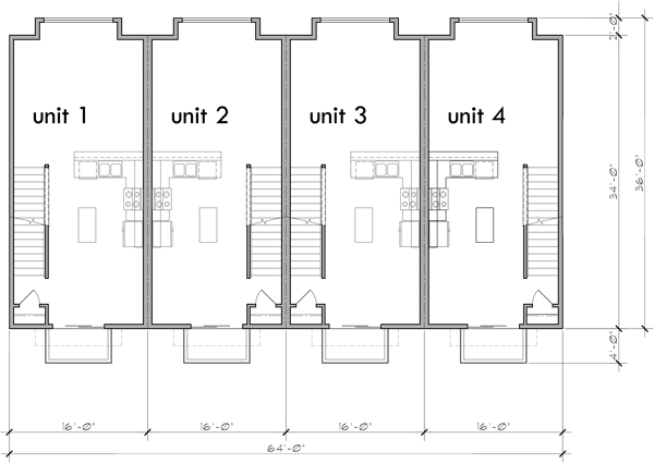 Main Floor Plan 2 for F-628 Unlock space-saving potential with our 4-plex town house plans, designed for narrow 16 ft wide units. Start your next construction project with us and build smarter!