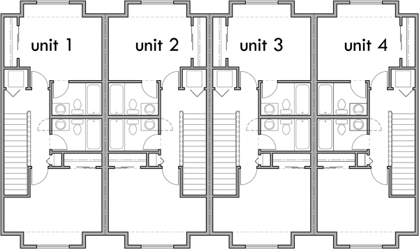 Upper Floor Plan 2 for 4 plex town house plan, narrow 16 ft wide units, F-628