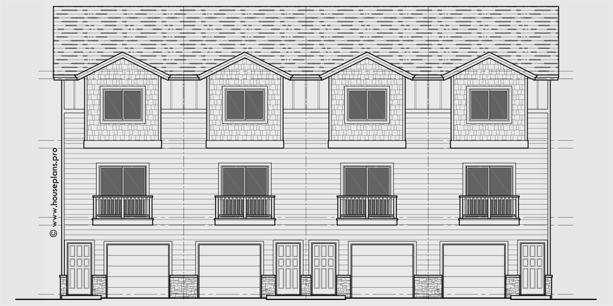 House rear elevation view for F-628 4 plex town house plan, narrow 16 ft wide units, F-628