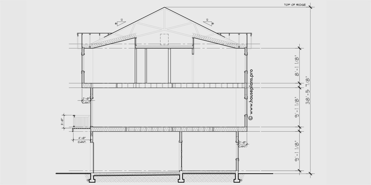 House rear elevation view for F-628 4 plex town house plan, narrow 16 ft wide units, F-628