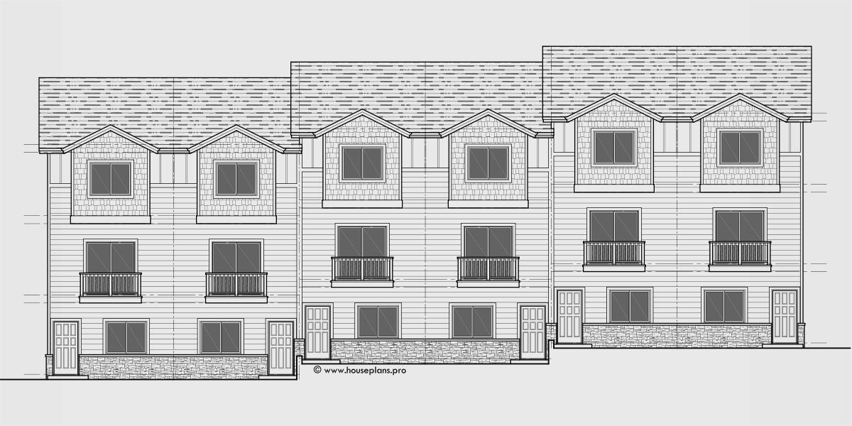 House side elevation view for S-747 6 plex town house plan, narrow 16 ft wide units, rear garage, S-747