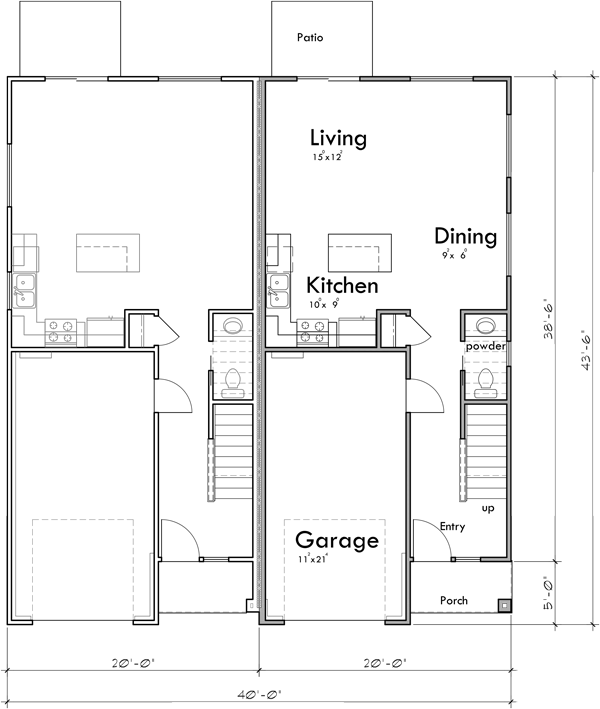 Main Floor Plan 2 for D-693 Efficiency meets elegance in our modern duplex house plans. Whether you're building or renovating, explore the possibilities and envision your future home. Get started! 