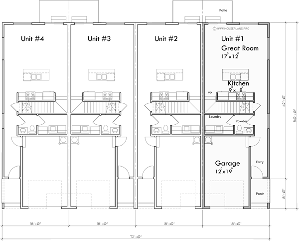 Main Floor Plan for F-629 Narrow town house 4 unit plan front elevation F-629
