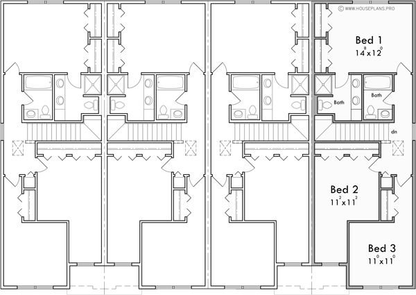 Upper Floor Plan for F-629 Narrow town house 4 unit plan front elevation F-629