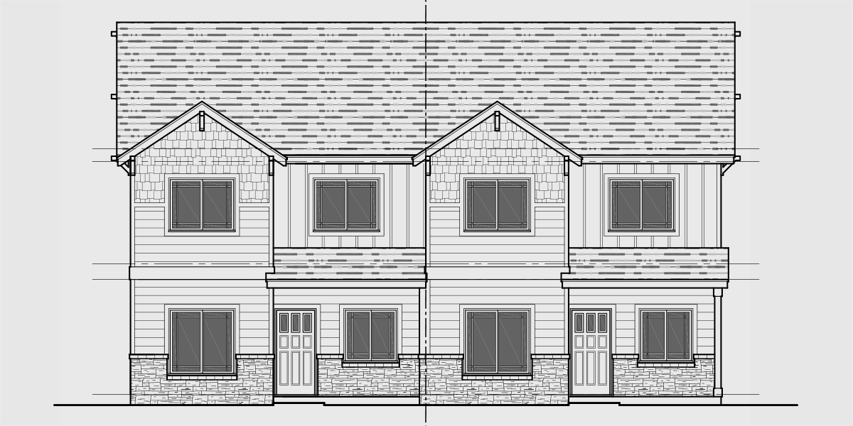 House side elevation view for D-694 Duplex town house plan w/ rear garage & main floor bedroom D-694