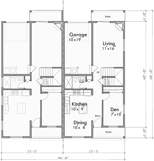 Main Floor Plan for D-694 Duplex town house plan w/ rear garage & main floor bedroom D-694
