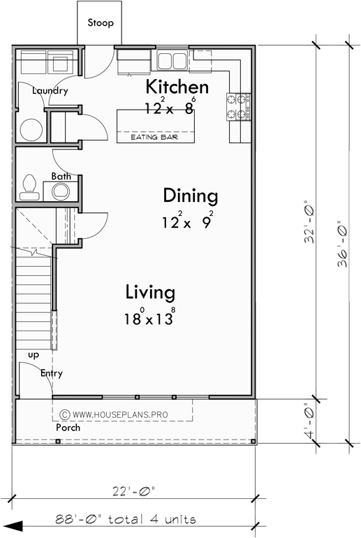 Main Floor Plan for F-634 4 plex, 3 bedroom, no garage, F-634