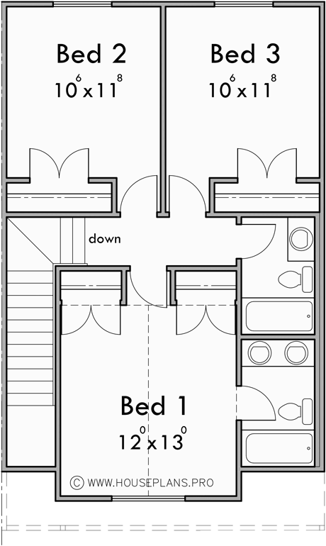 Upper Floor Plan for F-634 4 plex, 3 bedroom, no garage, F-634