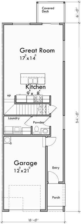 Main Floor Plan for D-705 Narrow 36 ft wide duplex plan front elevation D-705
