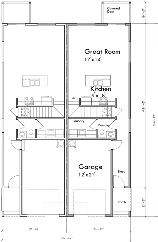 Main Floor Plan 2 for D-705 Narrow 36 ft wide duplex plan front elevation D-705