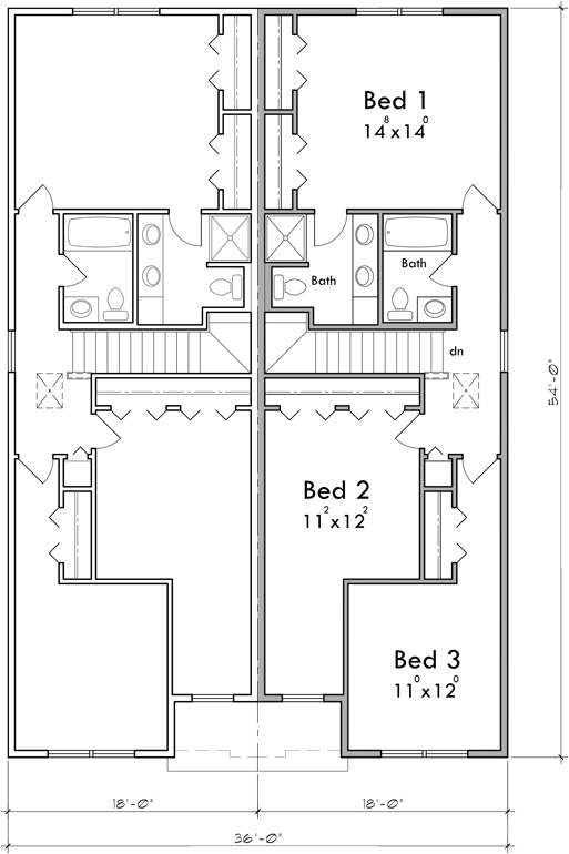 Upper Floor Plan 2 for Narrow 36 ft wide duplex plan front elevation D-705
