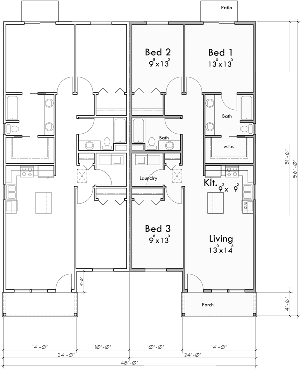 Main Floor Plan for D-700 Narrow Ranch Duplex House Plan, 3bd 2 bath, D-700
