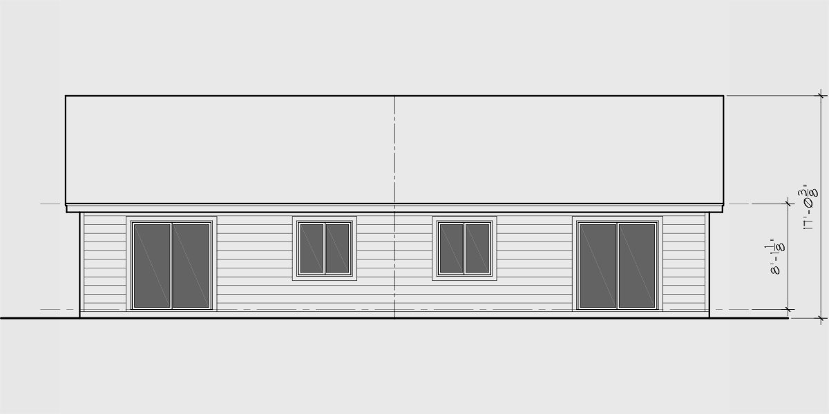 House side elevation view for D-700 Narrow Ranch Duplex House Plan, 3bd 2 bath, D-700