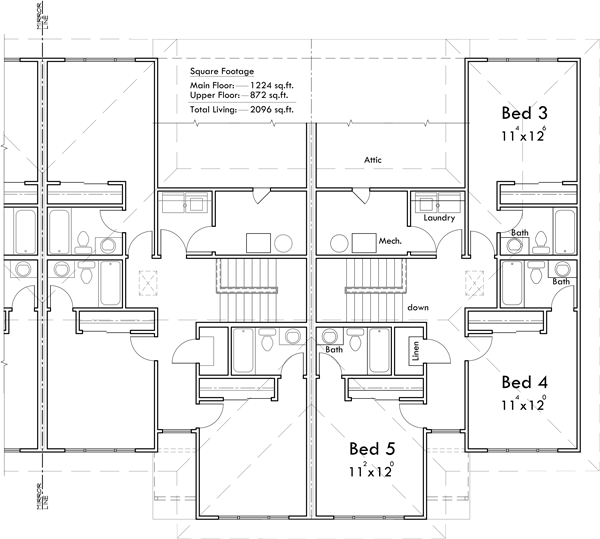 Upper Floor Plan for F-636 5 bedroom 5 and one half bathroom student living F-636
